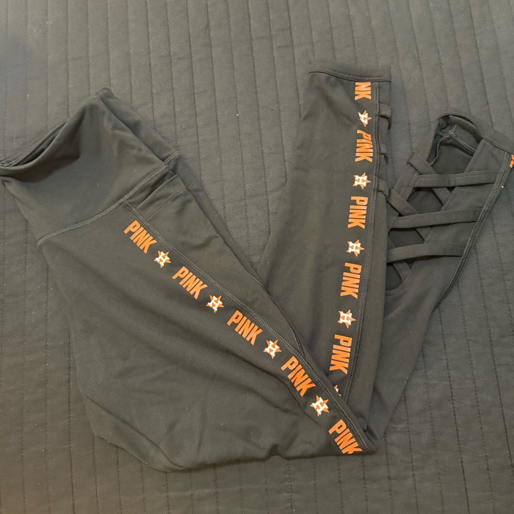 PINK Victoria's Secret Black Leggings with Vibrant Orange Branding